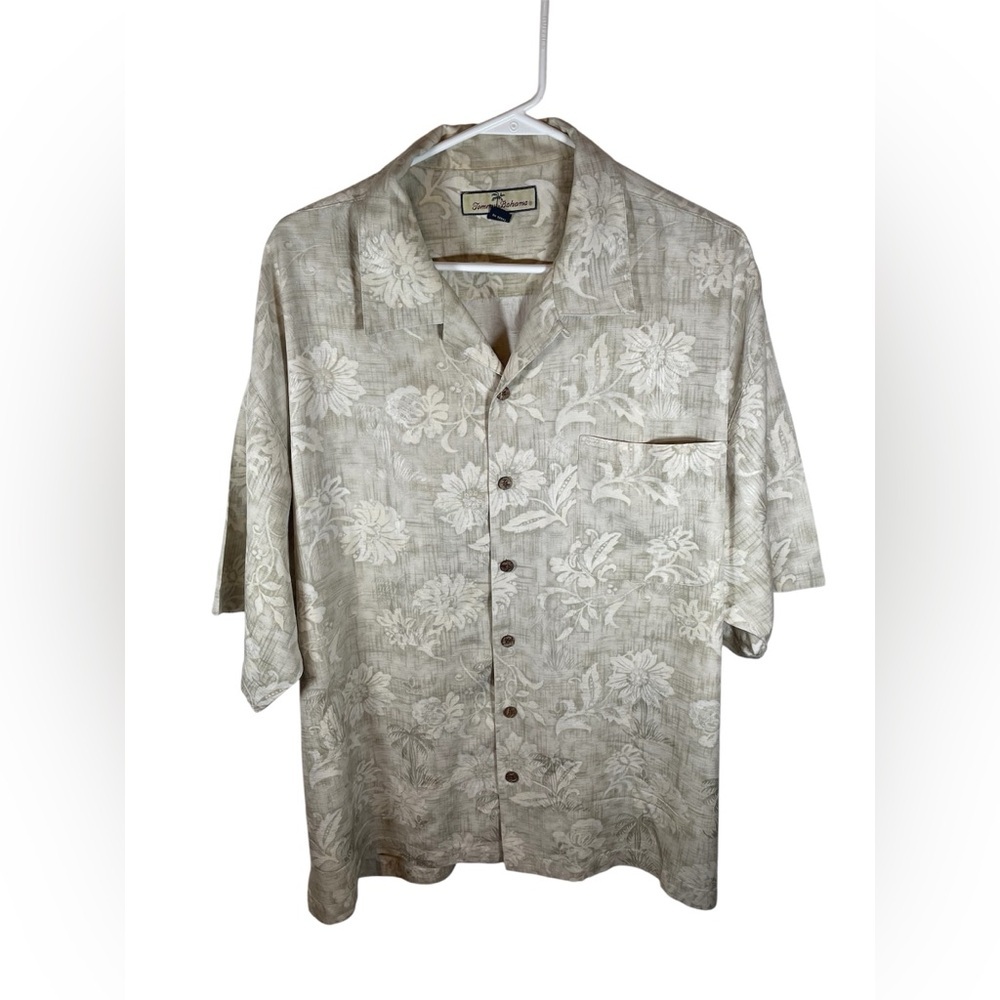 Tommy Bahama Cream Floral Hawaiian Silk Wooden Buttons Shirt